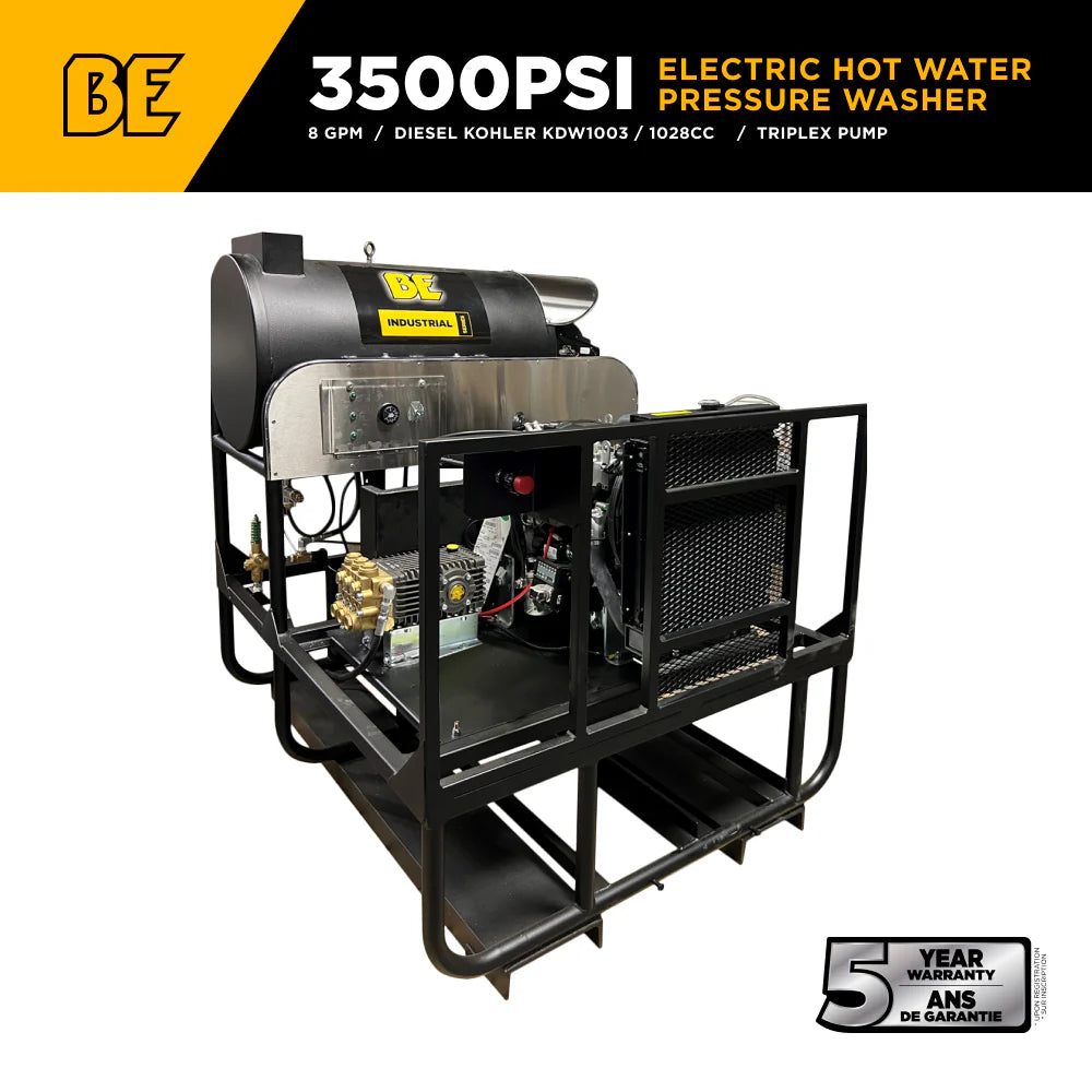 BE 3500psi 8.0gpm Kohler All Diesel Hot Water Pressure Washer Stationary Skid