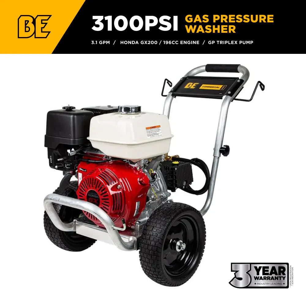 BE 3100psi 3.1gpm Honda GX200 Pressure Washer General Pump External Unloader Aluminum Frame
