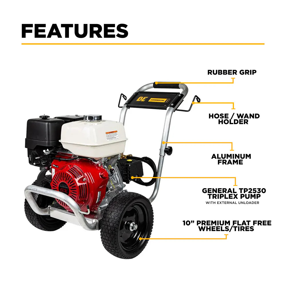 BE 3100psi 3.1gpm Honda GX200 Pressure Washer General Pump External Unloader Aluminum Frame
