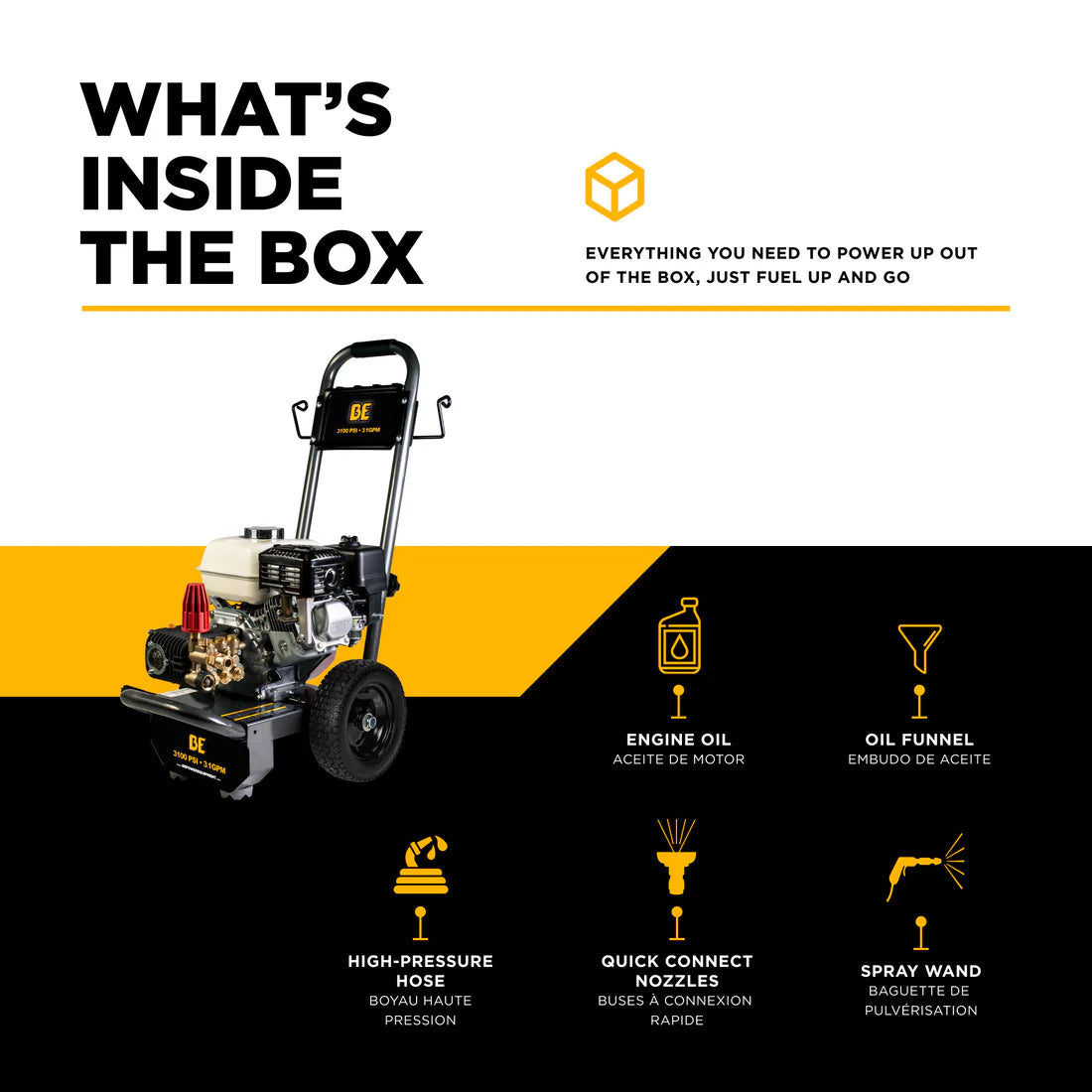 BE 3100psi 3.1gpm Honda GX200 Portable Direct Drive Pressure Washer with Internal Unloader