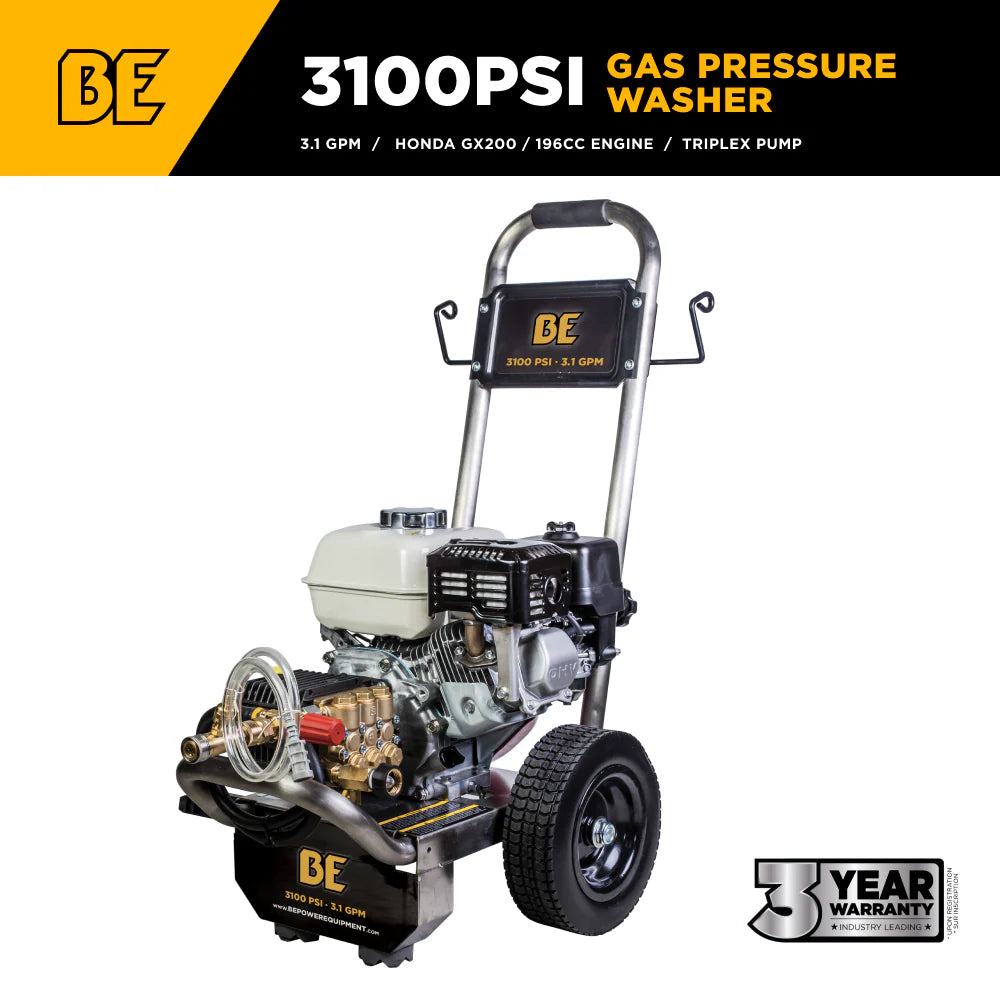 BE 3100psi 3.1gpm Honda GX200 Pressure Washer General Pump External Unloader Stainless Frame
