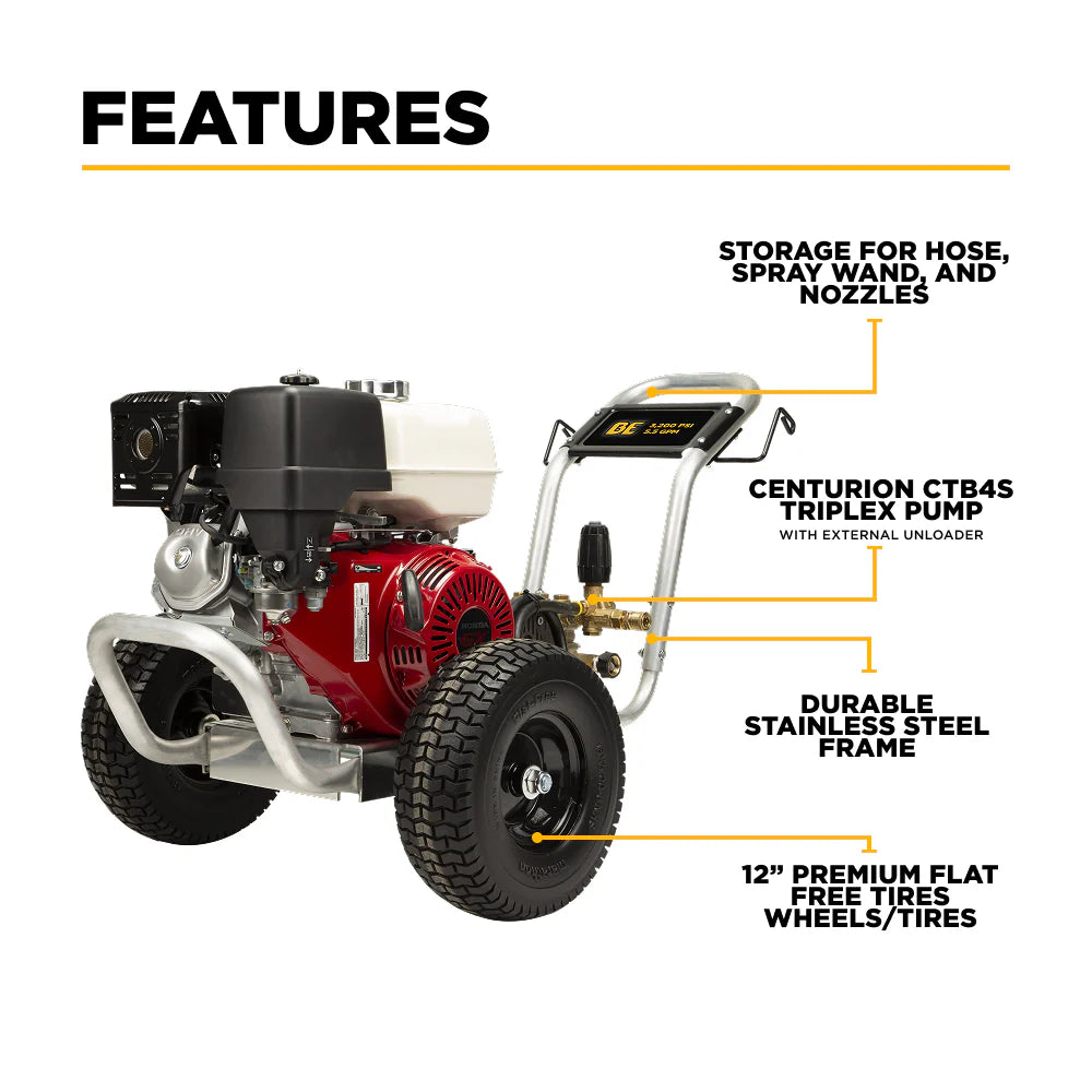 BE 3200psi 5.5gpm Honda GX390 Belt Drive Pressure Washer Centurion Pump External Unloader Aluminum Frame