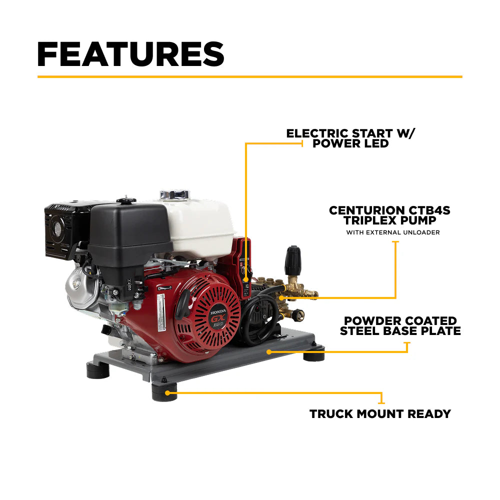 BE 3200psi 5.2gpm Honda GX390 Electric Start Belt Drive Pressure Washer Centurion Pump External Unloader Truck Mount