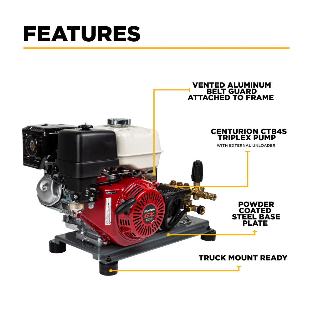 BE 3200psi 5.2gpm Honda GX390 Belt Drive Pressure Washer Centurion Pump External Unloader Truck Mount