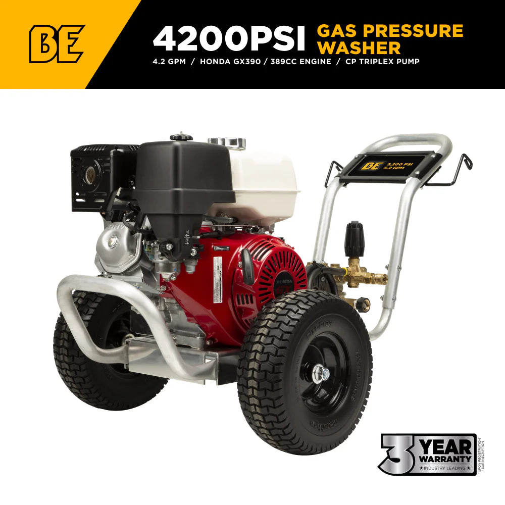 BE 4200psi 4.0gpm Honda GX390 Belt Drive Pressure Washer Centurion Pump External Unloader Aluminum Frame