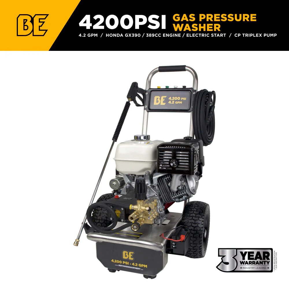 BE 4200psi 4.2gpm Honda GX390 Electric Start Pressure Washer Centurion Pump External Unloader Stainless Steel Frame