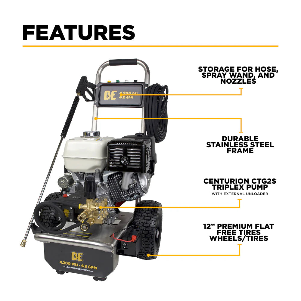BE 4200psi 4.2gpm Honda GX390 Electric Start Pressure Washer Centurion Pump External Unloader Stainless Steel Frame