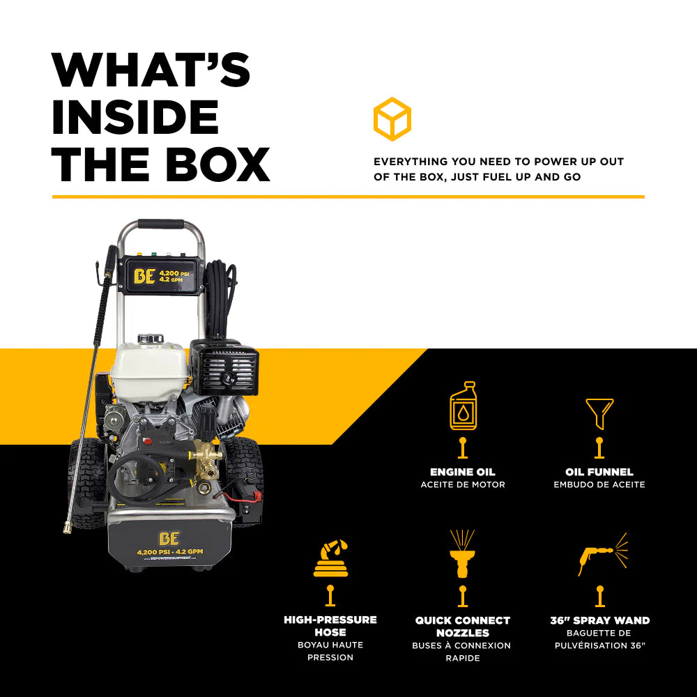 BE 4200psi 4.2gpm Honda GX390 Electric Start Pressure Washer Centurion Pump External Unloader Stainless Steel Frame