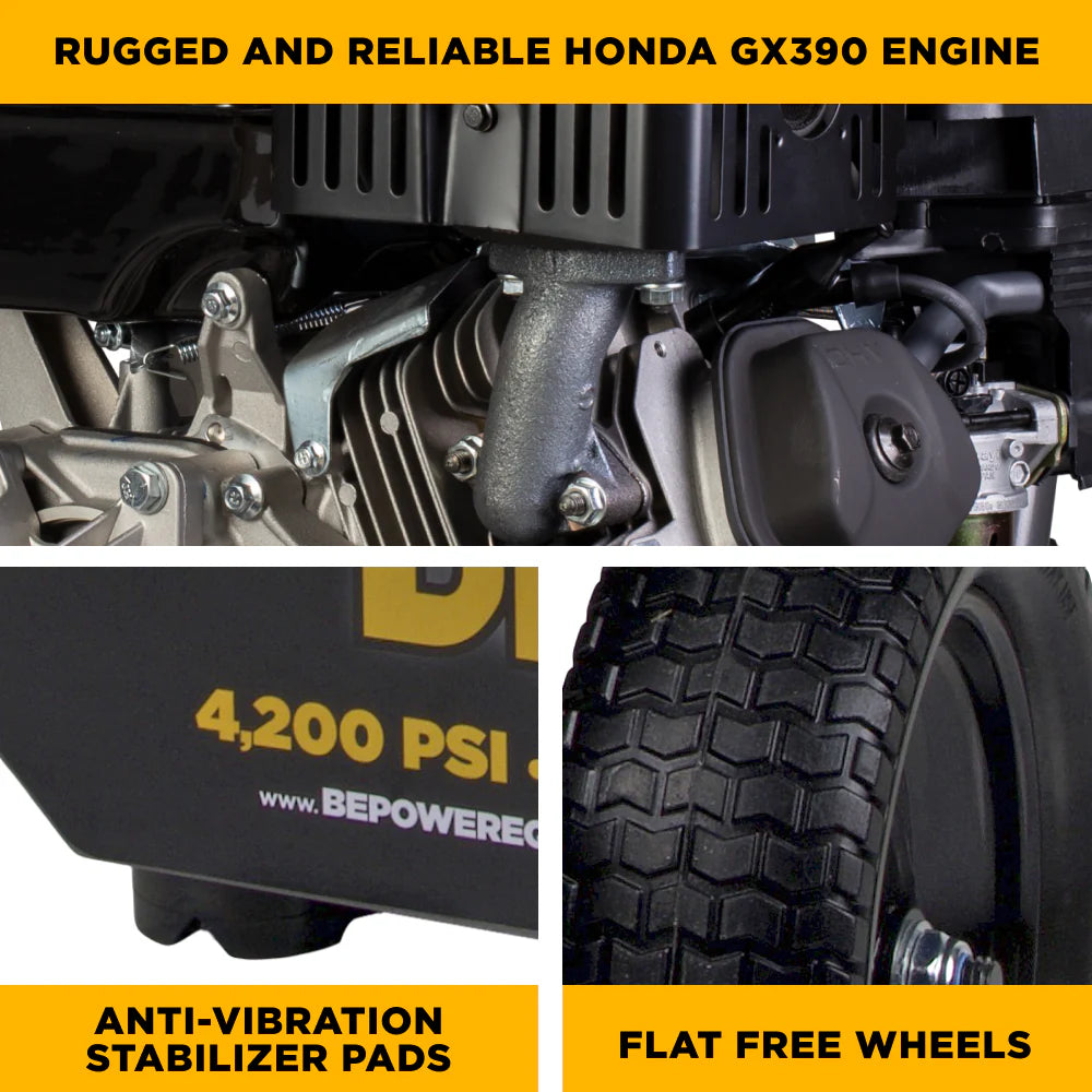 BE 4200psi 4.2gpm Honda GX390 Electric Start Pressure Washer Centurion Pump External Unloader Stainless Steel Frame
