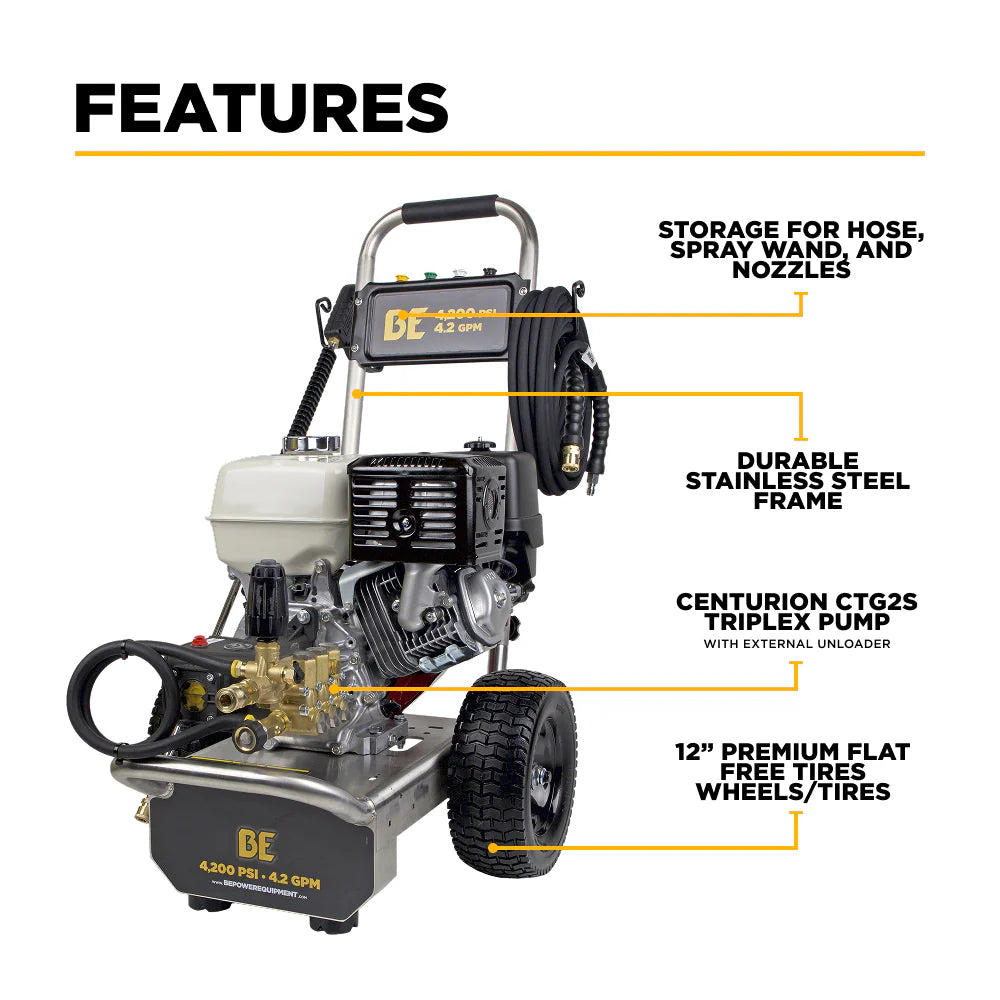 BE 4200psi 4.2gpm Honda GX390 Pressure Washer Centurion Pump External Unloader Stainless Frame