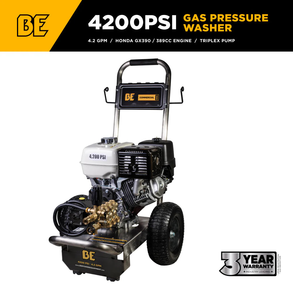 BE 4200psi 4.2gpm Honda GX390 Pressure Washer General Pump External Unloader Stainless Frame