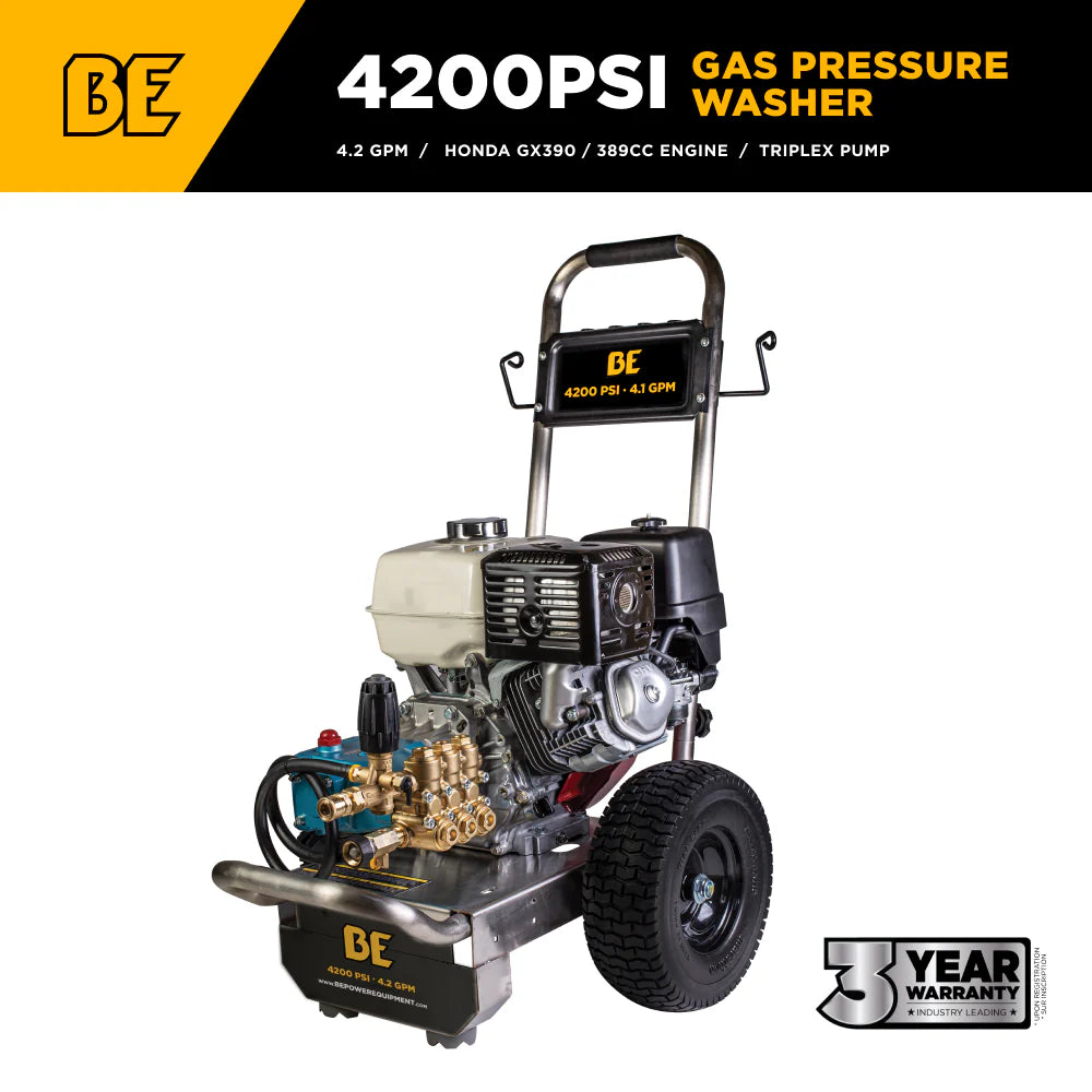 BE 4200psi 4.2gpm Honda GX390 Pressure Washer Cat Pump External Unloader Stainless Frame