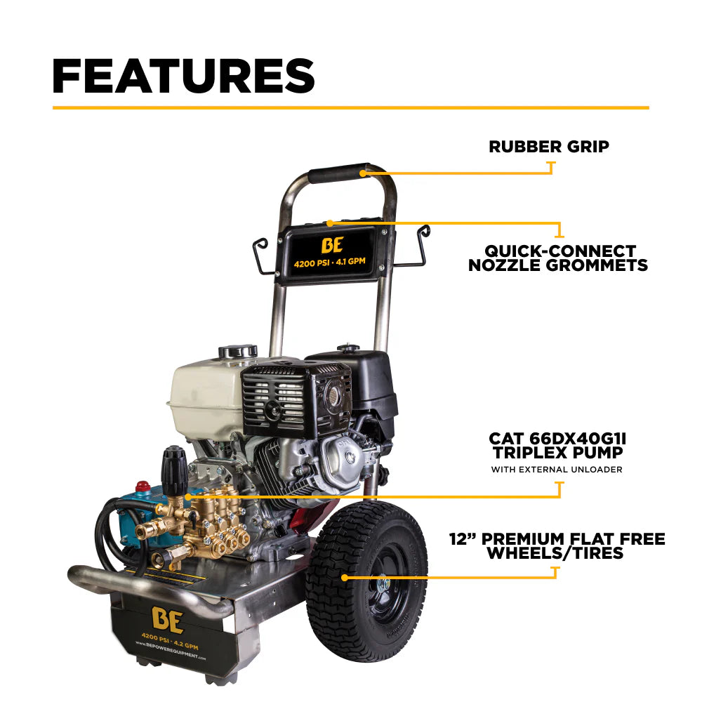 BE 4200psi 4.2gpm Honda GX390 Pressure Washer Cat Pump External Unloader Stainless Frame