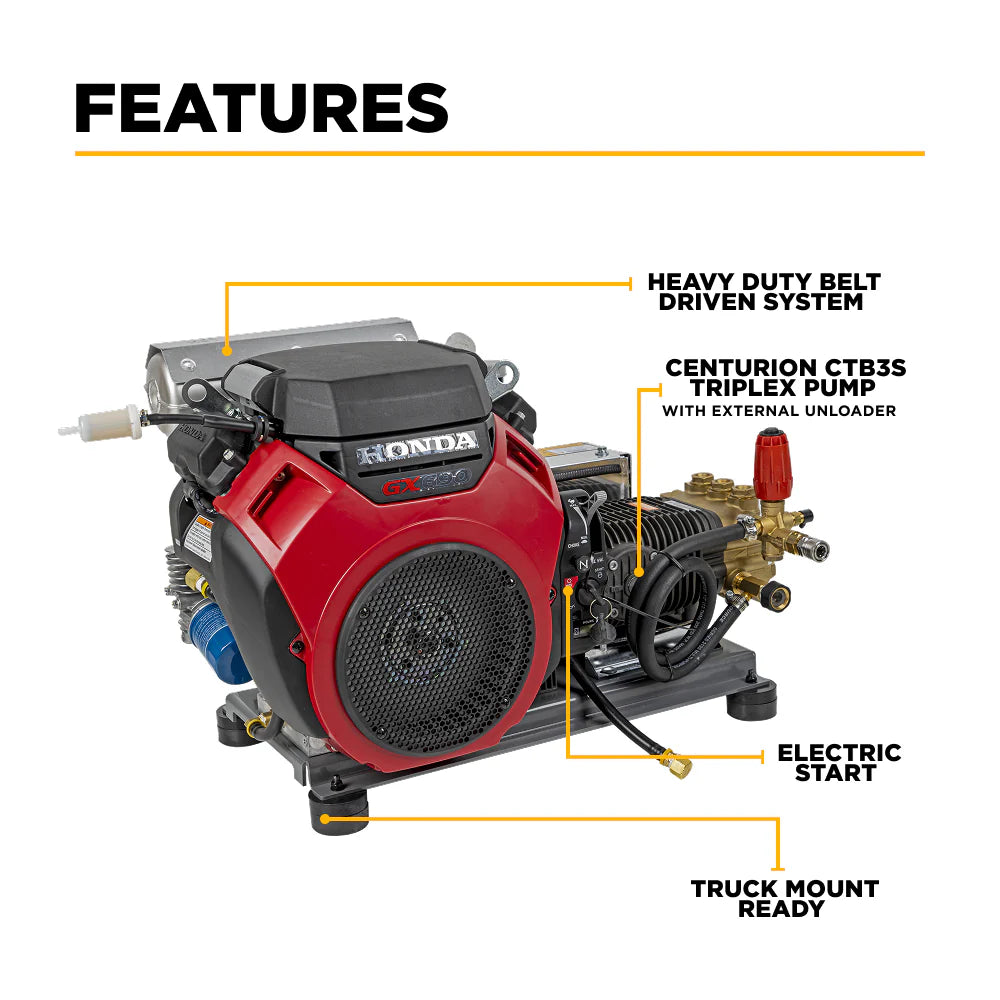 BE 5000psi 5.0gpm Honda GX690 Electric Start Belt Drive Pressure Washer Centurion Pump External Unloader Truck Mount