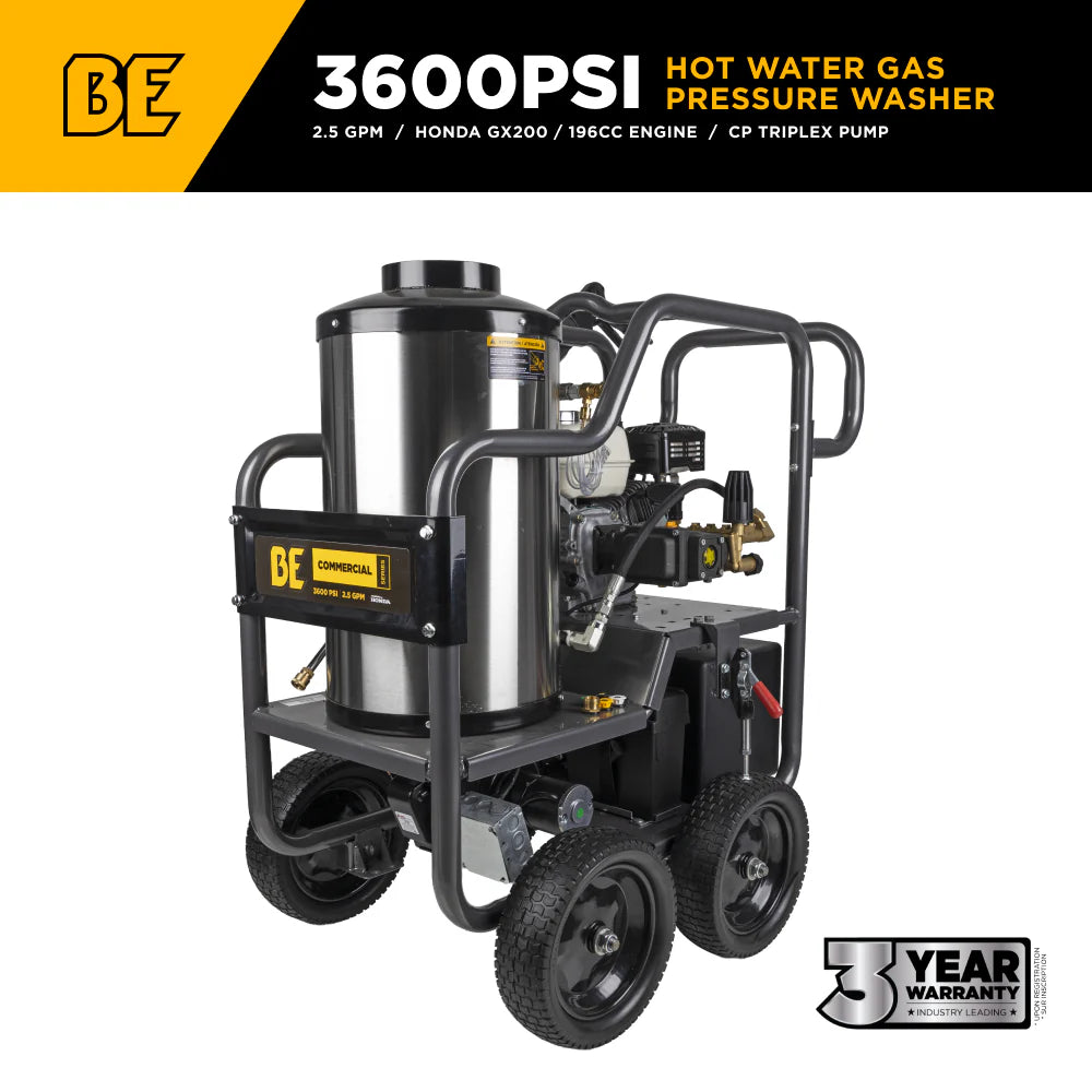 BE 3600psi 2.5gpm Honda Gas Hot Water Pressure Washer Diesel Burner Mobile Frame