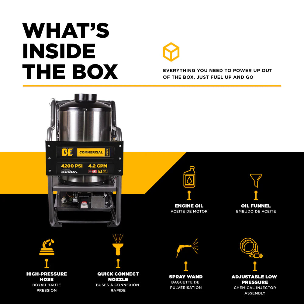 BE 4200psi 4.2gpm Honda Gas Hot Water Pressure Washer Diesel Burner Mobile Frame