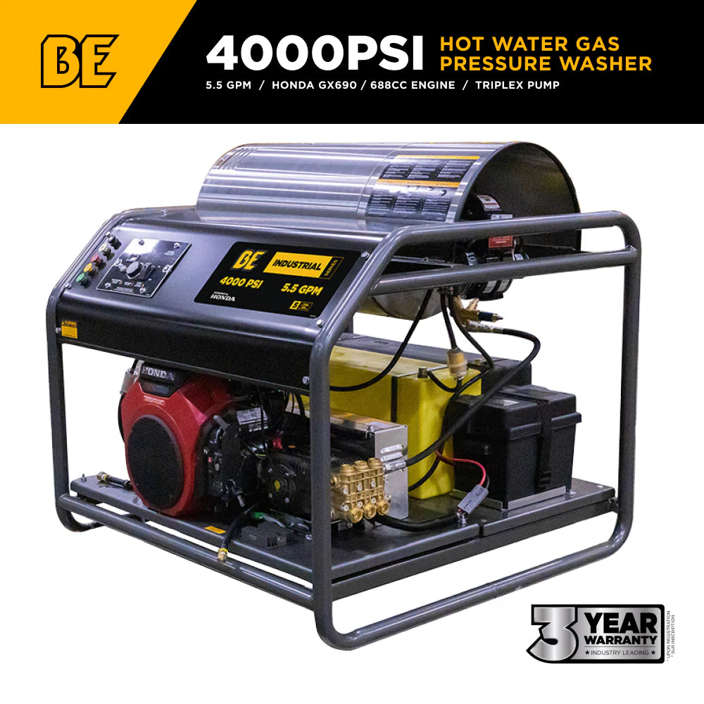 BE 4000psi 5.5gpm Honda Gas Hot Water Pressure Washer Diesel Burner Stationary Skid