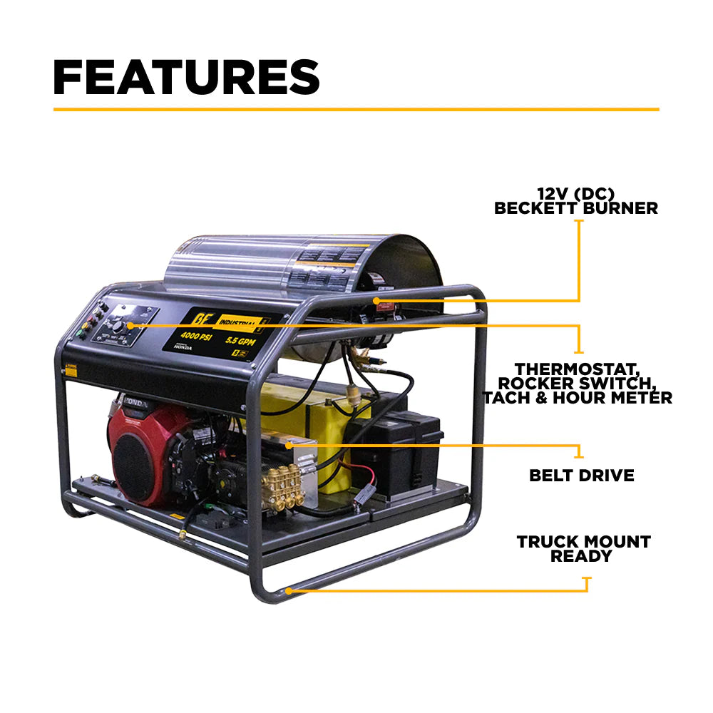 BE 4000psi 5.5gpm Honda Gas Hot Water Pressure Washer Diesel Burner Stationary Skid