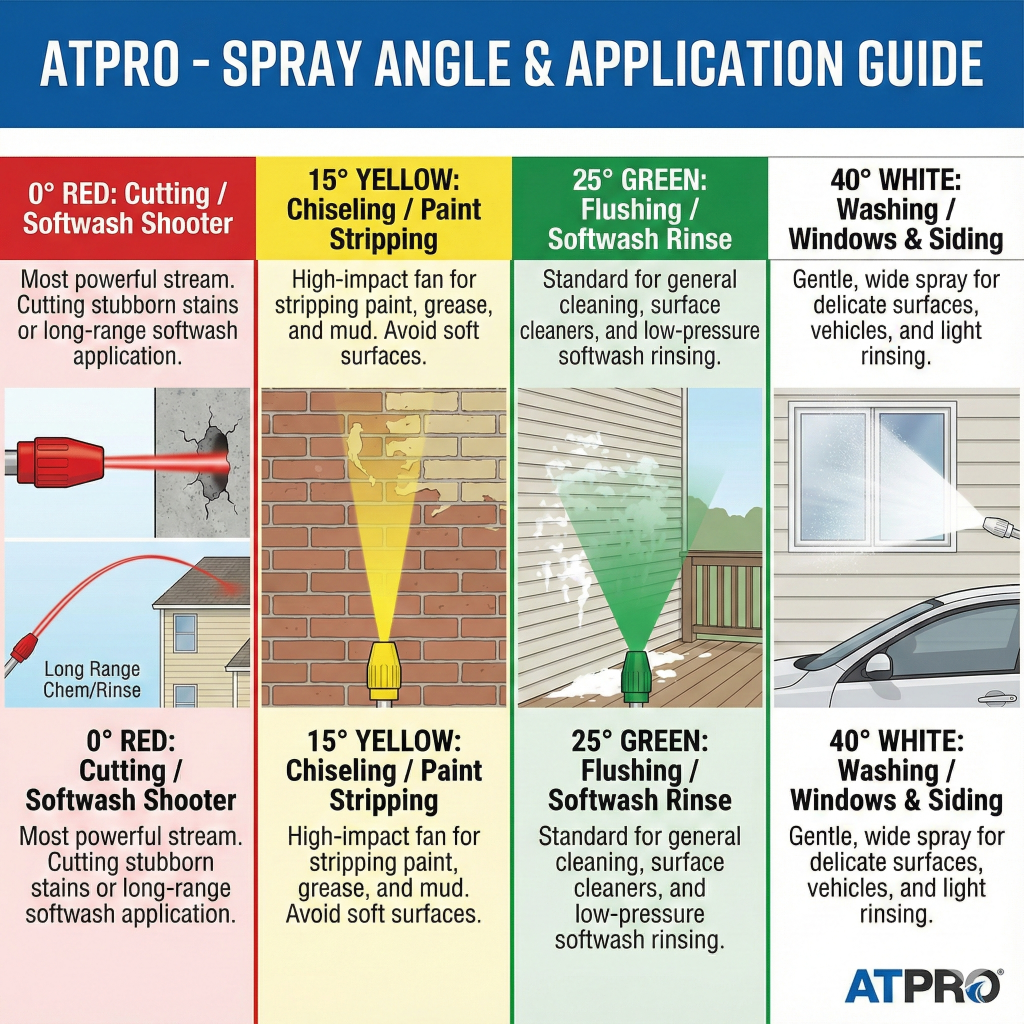 ATPRO spray angle and application guide chart with different colored nozzles and their uses.