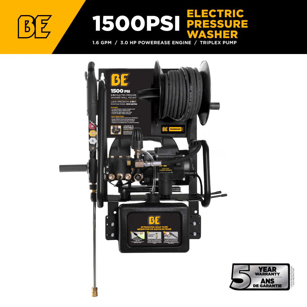 BE 1500psi 1.6gpm Electric Pressure Washer 120V Wall Mount Triplex Pump
