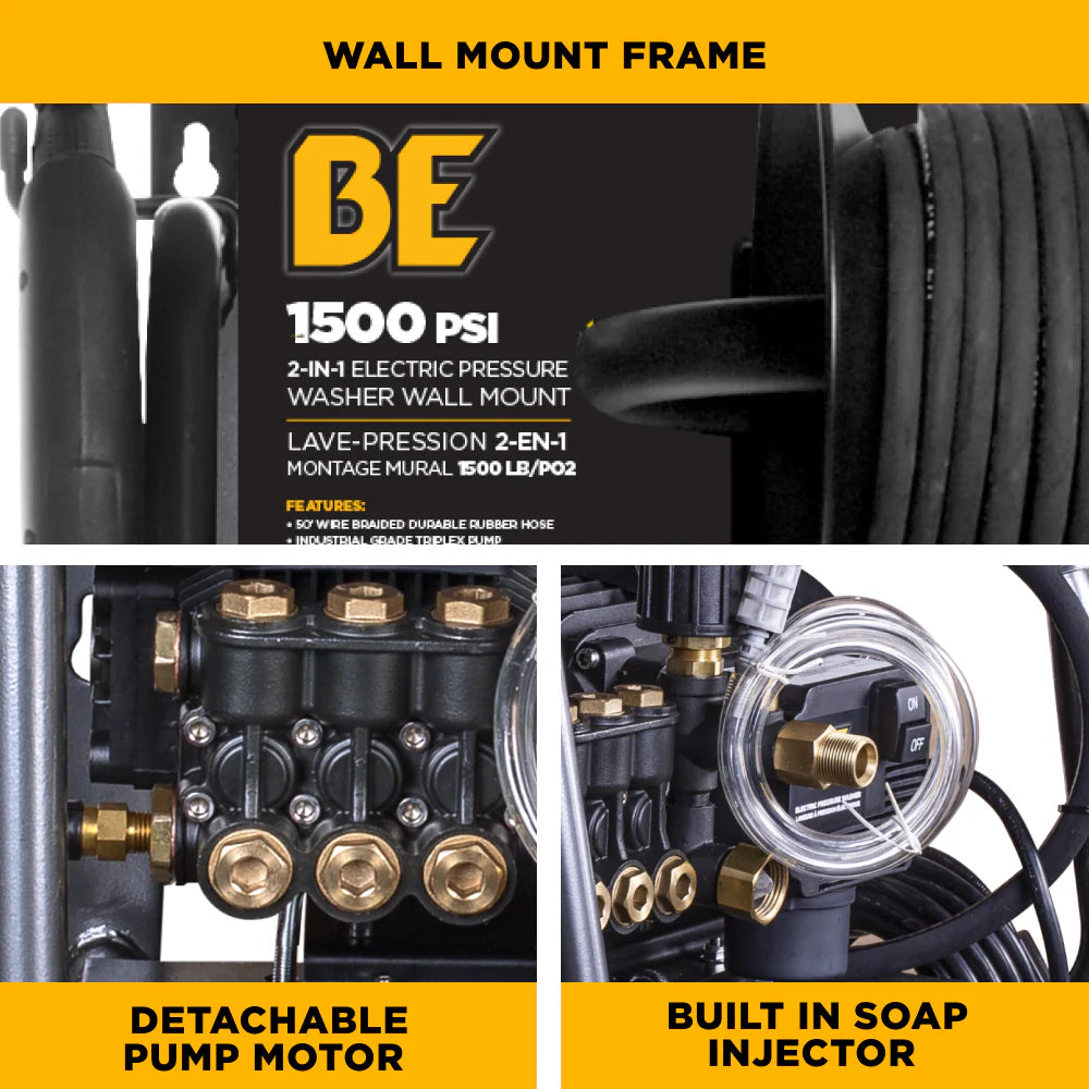 BE 1500psi 1.6gpm Electric Pressure Washer 120V Wall Mount Triplex Pump