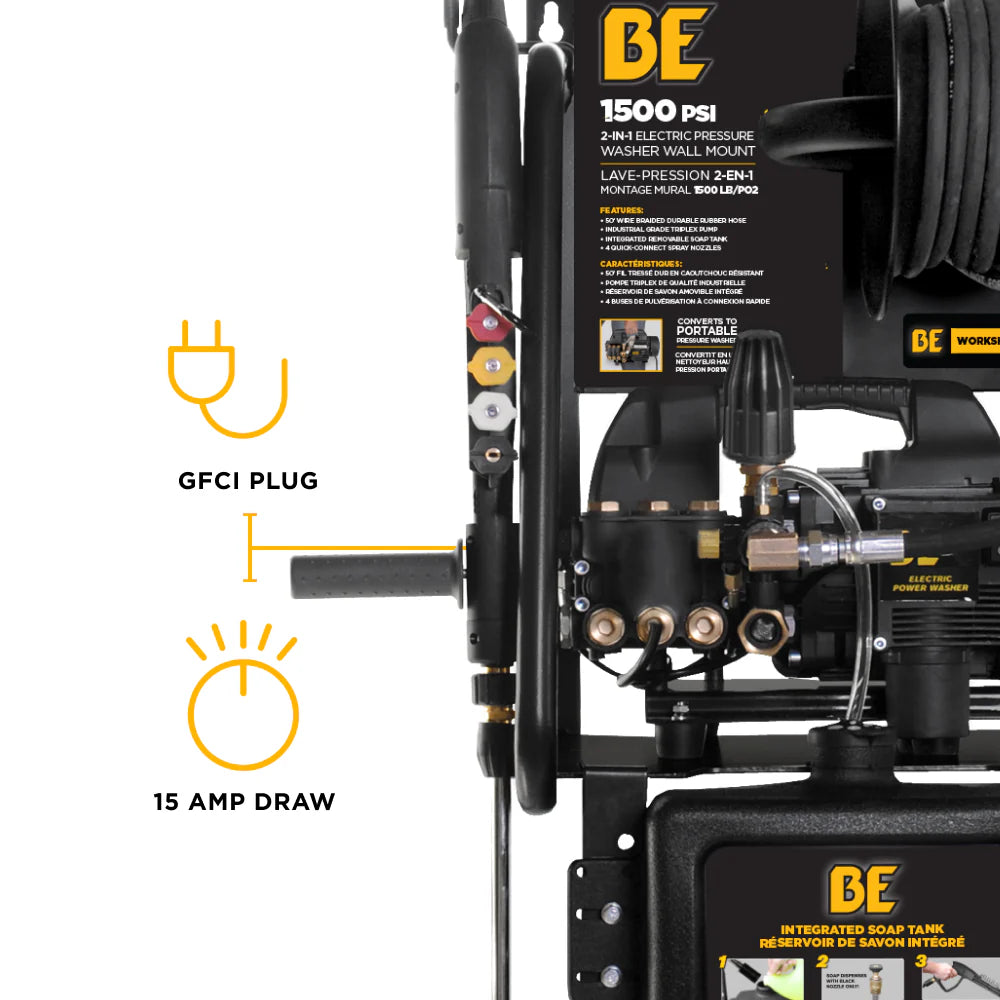BE 1500psi 1.6gpm Electric Pressure Washer 120V Wall Mount Triplex Pump