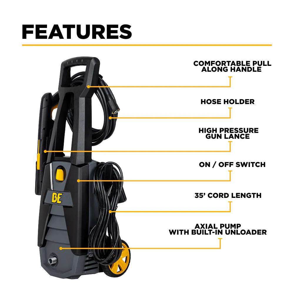 BE 1700psi 1.7gpm Electric Pressure Washer 120V Corded GFCI Protected