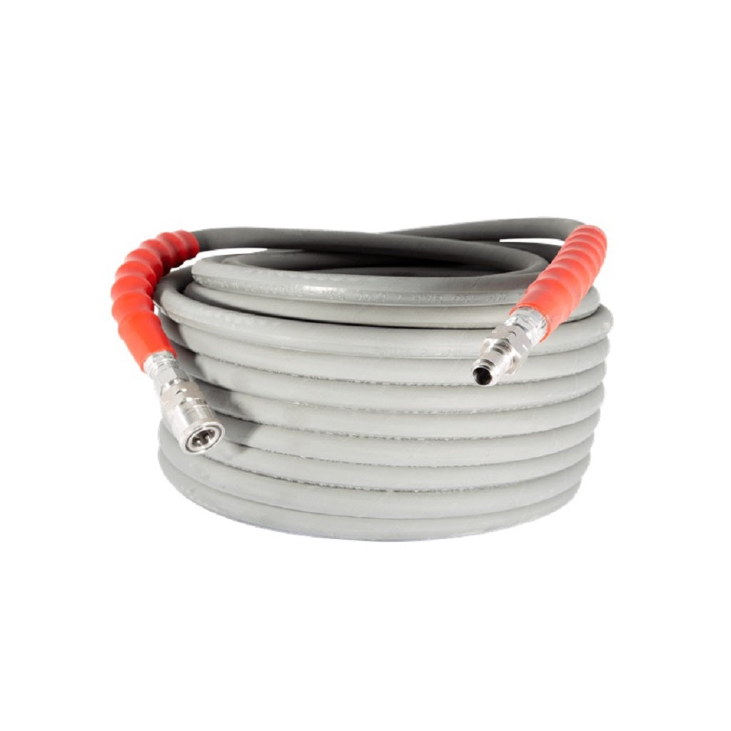 BE 3/8 Inch ID 6000psi Double Braid Grey Non-Marking Hot Water Hose 310°F Degrees 100ft Quick Connect Ends