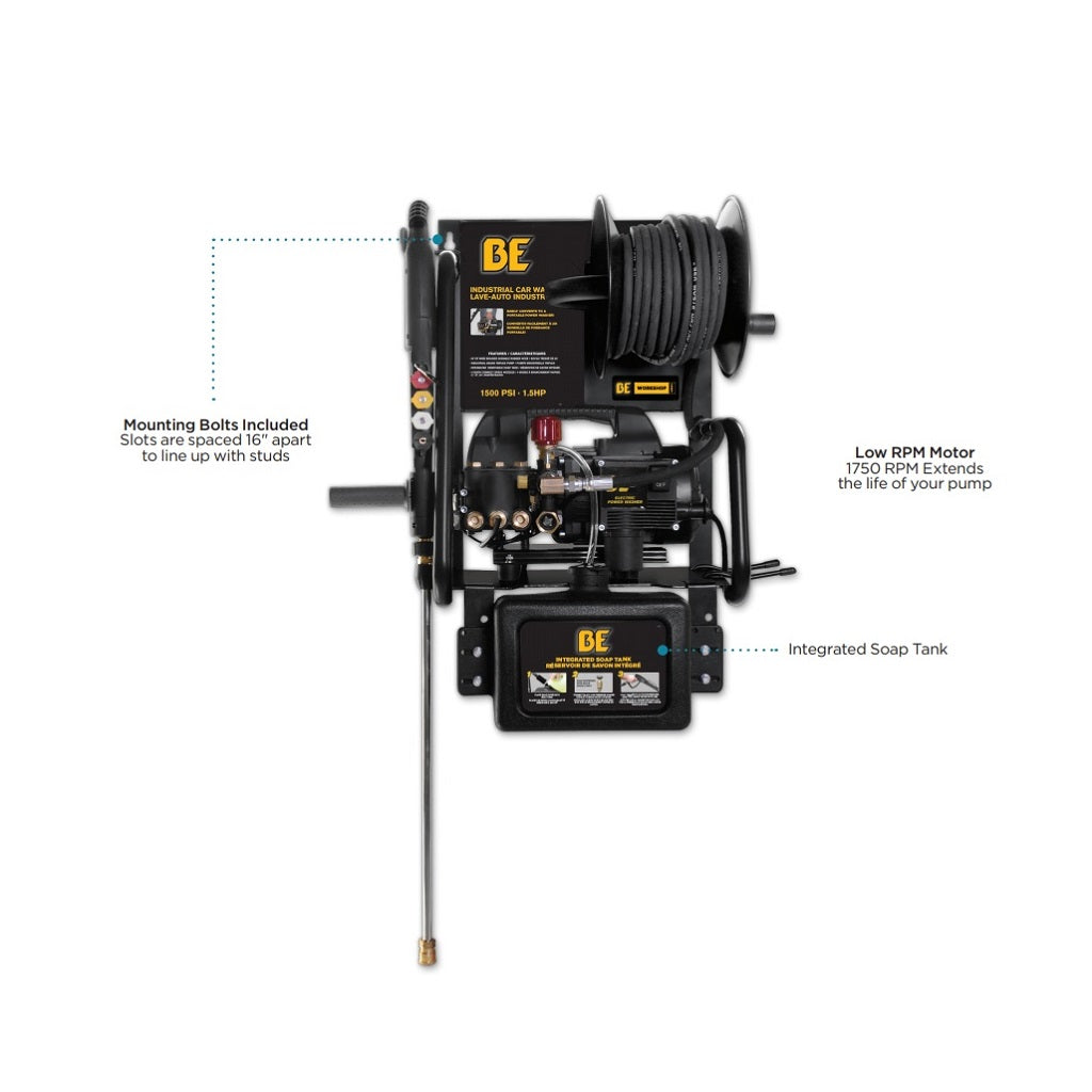 BE 110Volt (15amp) 1500psi 1.6gpm Heavy Duty Residential Wall Mount Electric Pressure Washer P1515EPNW